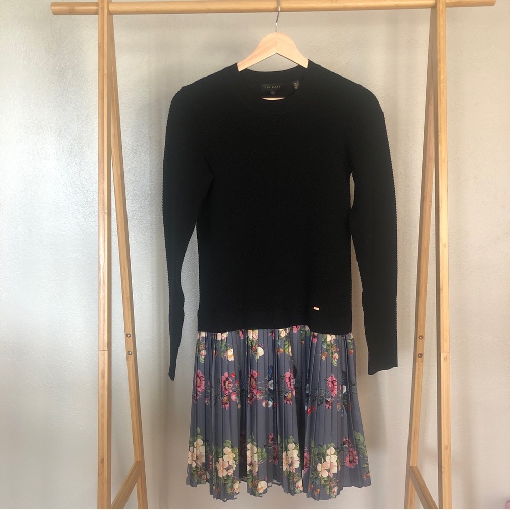 TED BAKER Knit Sweater Dress with Oracle Floral Pleated Skirt, TED Size 1 (US4)